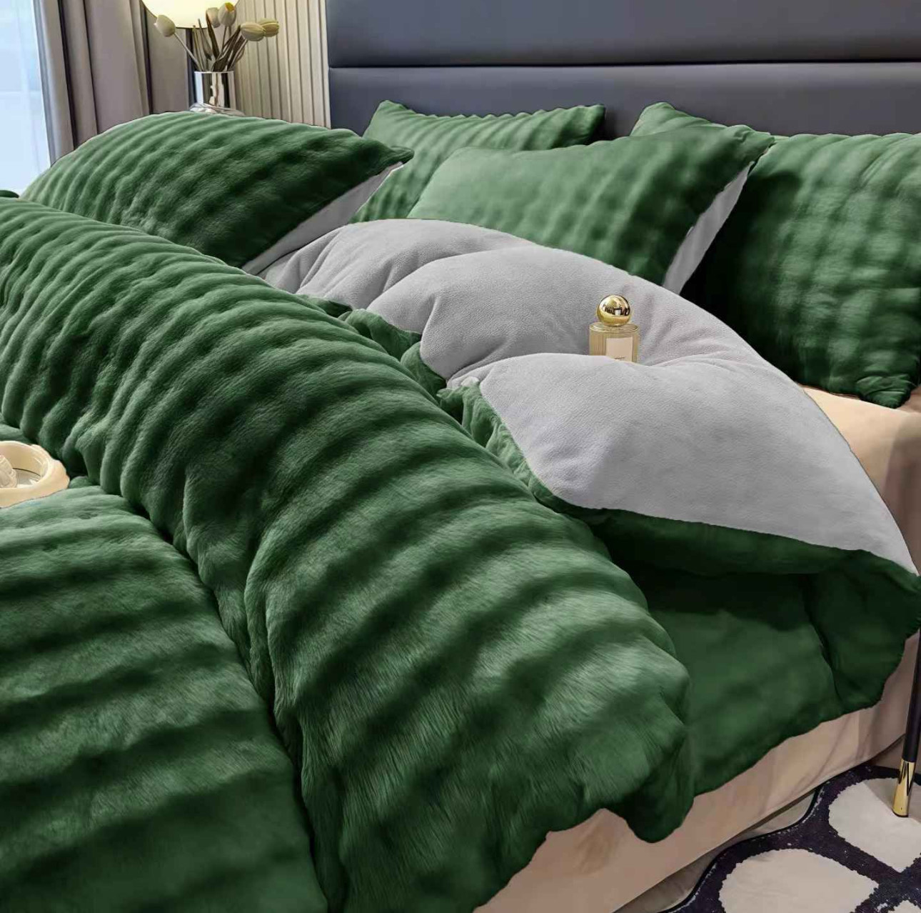 Pościel luxury Green &Grey welur-futrzana bardzo ciepła gruba z wytłaczanym wzorem zielono-szara160x200cm